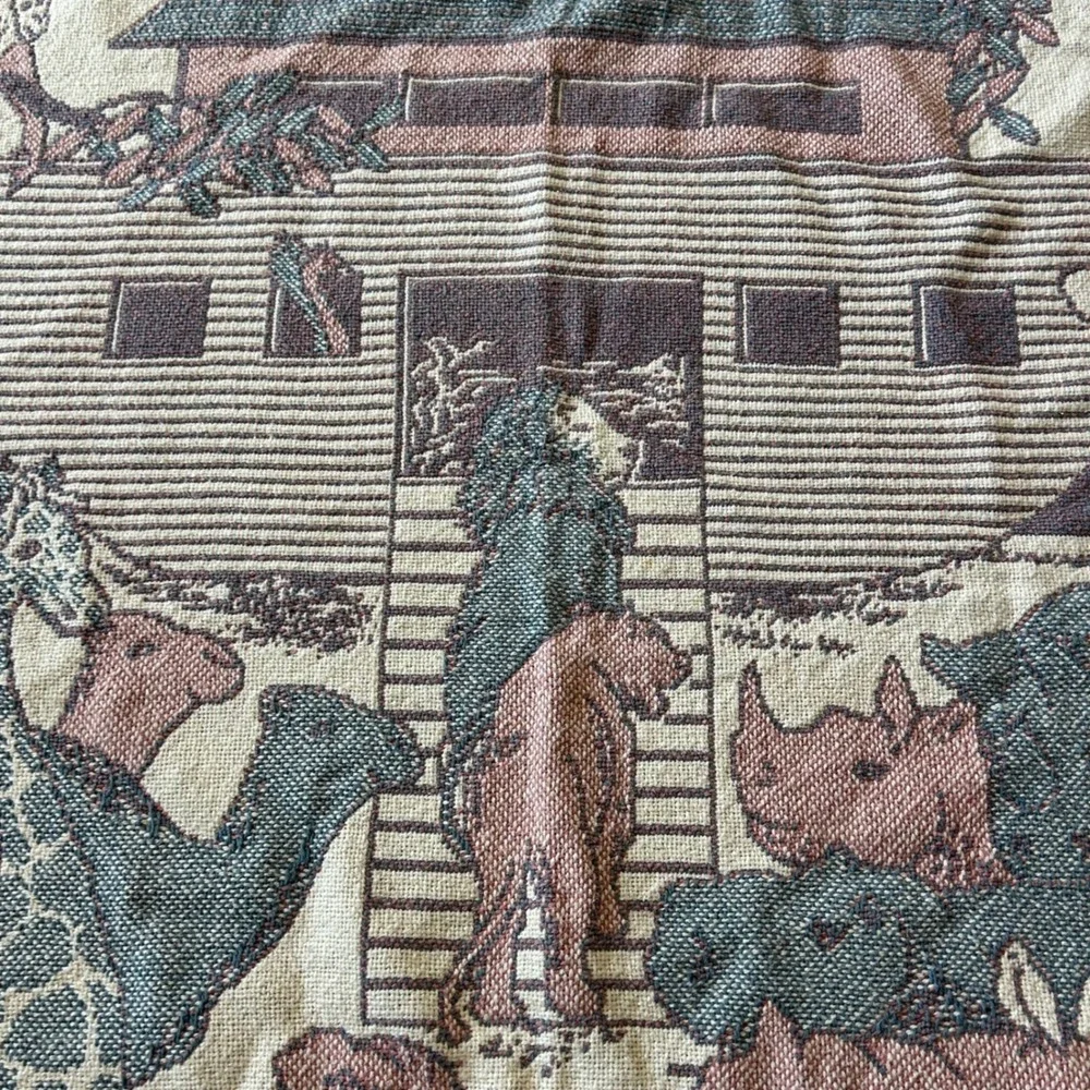 VTG 1992 MWW Noahs Ark Tapestry Blanket Throw Pastel Baby Nursery 32x46